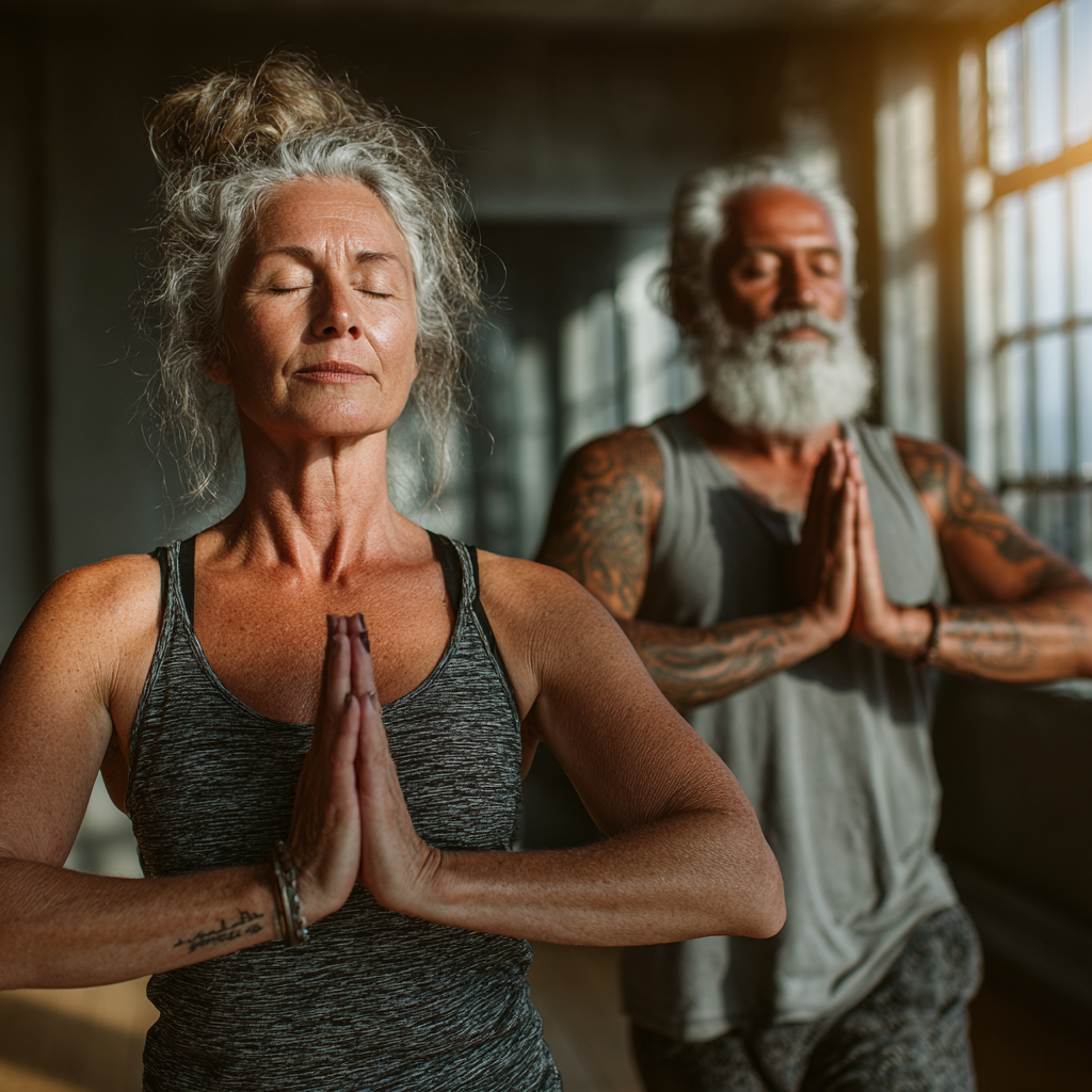 Mature woman and man in their forties practicing yoga together in bright studio space with natural light and peaceful ambiance