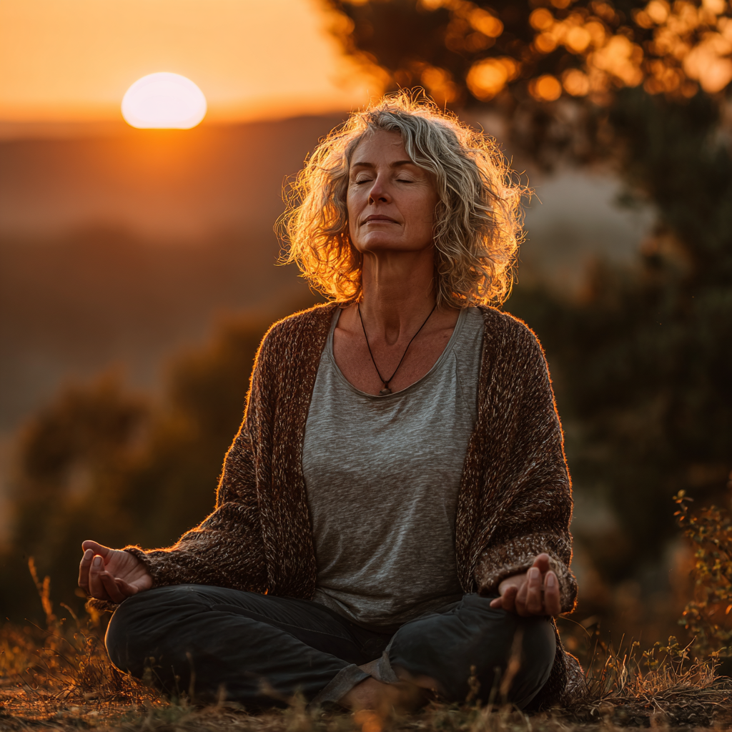 Woman in her fifties practicing yoga meditation pose outdoors in peaceful natural setting with serene expression and calm atmosphere